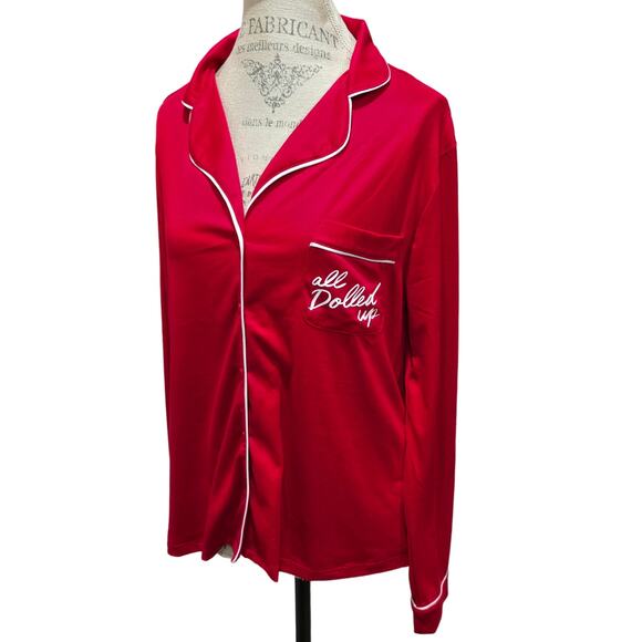 Kate Spade Red " All Dolled Up " Front Pocket Long Sleeve Soft Pajama Shirt Top - Picture 1 of 8